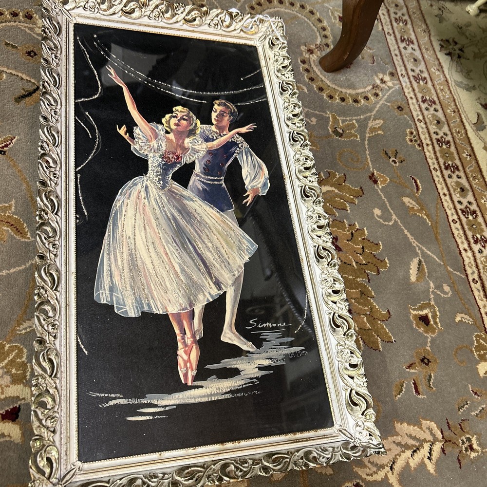 Vintage 1950 Textured Painted Print ? Ballet Dancers Metal Filgree Simone