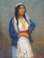 French Oil Painting PIERRE BELLET ‚Flower Girl‘, 18″ x 14″