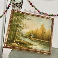 Vintage Oil Painting Autumn Lake House Stretched Canvas Paper Board Framed