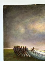 Antique Painting Wpa Regionalism Beach Fisherman Sunset Evening Coastal Sea Oil