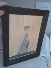 VINTAGE WATERCOLOR PAINTING GIRL STANDING WITH PARASOL 14″ Primitive colonial