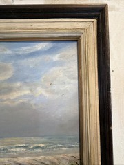 VTG Original Oil Painting Beach Dunes Ocean Pier Scene Signed Framed Waves OOAK