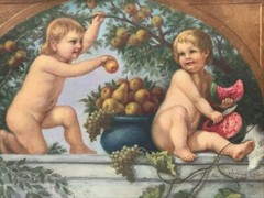 Vintage Neoclassical Oil Painting of Cherubs or Putti and Fruit Signed date 1941
