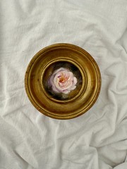 Romantic Pink Rose Miniature Oil Painting in Vintage Gold Frame – Flower Art