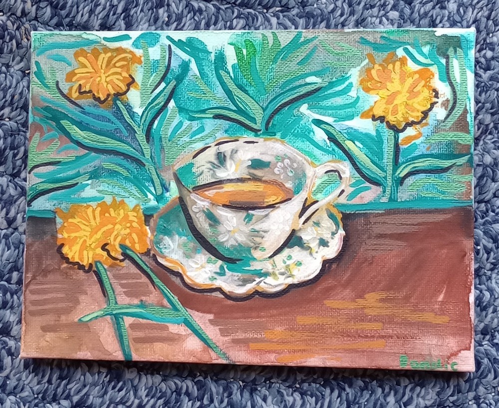 Marigold Teacup Foliage Painting 8in X 6in Gouache Paint Metallic Shine