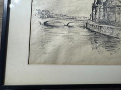 Dines Carlsen (1901 – 1966) „Palais de Justice From Pont Neuf“ Charcoal Drawing