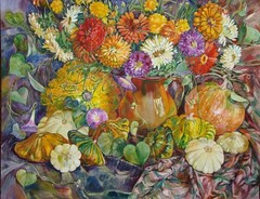 Still life with flowers and fruits bouquet watercolor author’s painting 48х61cm