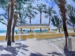 EL MAR BEACH CLUB, LBTS & POMPANOBCH FL/ORIG.W/C/ 9″ X 12″ /MIMI DAVIS, ARTIST