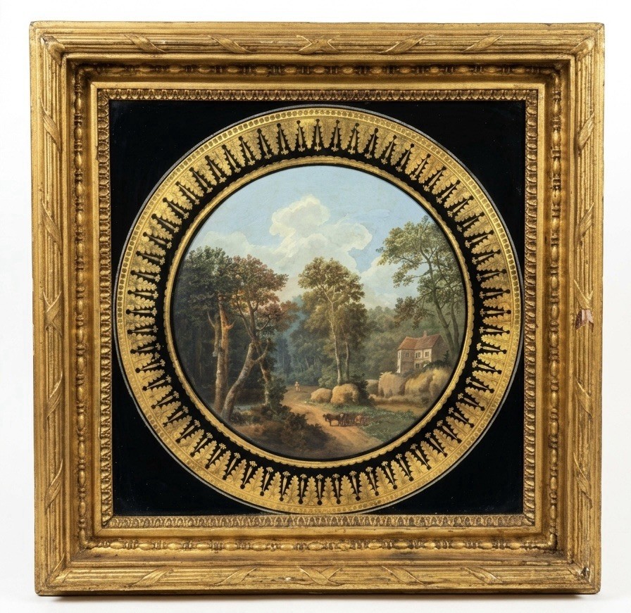 Rare 19th Century Reverse Painted Glass Pastoral Landscape in Giltwood Frame