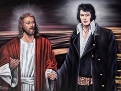 Jesus Christ and Elvis Presley In Heaven black velvet oil painting art