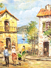 Vintage Original Oil Painting European Coast Village Signed by K. Woods