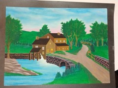 Vintage Folk Art Oil Painting Rustic Old Grist Mill W/Pond Signed Merrill Slane