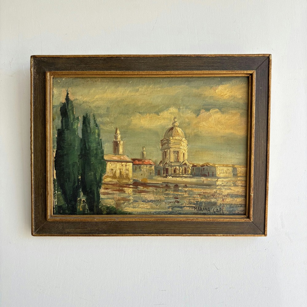 Handcrafted Cityscape Oil Painting „Domed Building“ Timeless Small Artwork