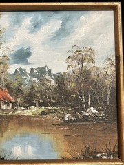 Mountain Cabin In The Woods By A Lake Original Oil Painting Elf Cottage Core