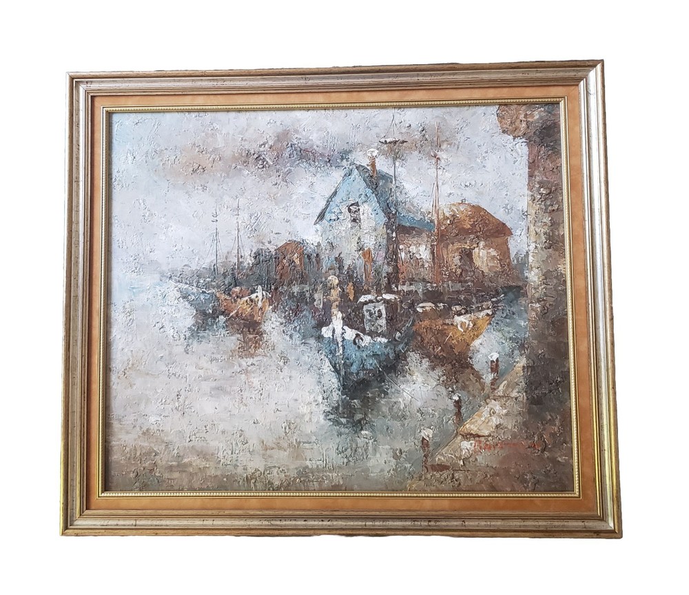 Edward Barton Original Ships Boats Dock Wharf Portrait Oil Canvas Framed Signed