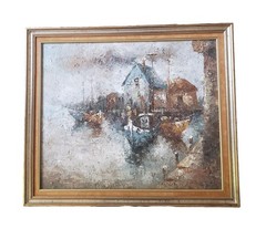 Edward Barton Original Ships Boats Dock Wharf Portrait Oil Canvas Framed Signed