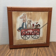 Vtg Country Wall Decor Wooden Hand Painted Doll Bunny Wagon Bear Goose 11×11″
