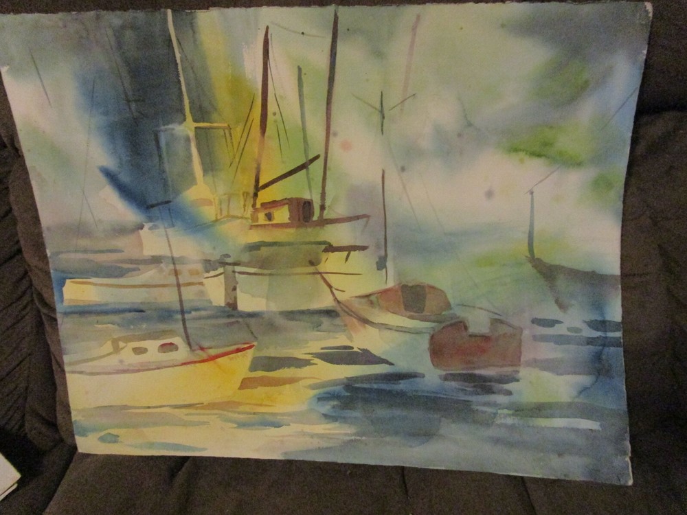 Original Watercolor By Peg Humphreys, Sailing Marina 20″x 25.75″
