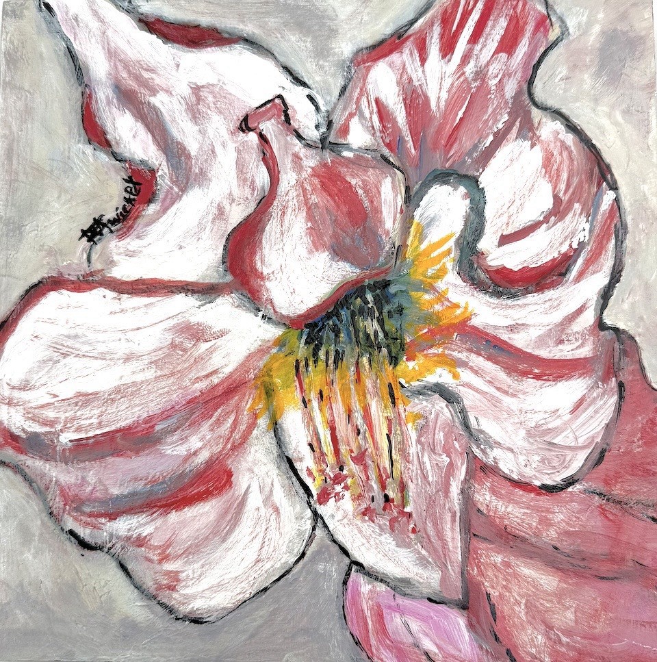 Stargazer Lily Flower Painting Original Acrylic 10×10 Wood Panel Fine Art Decor