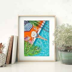 Girl Painting Tropical Palm Original Wall Art Poolside Swim Figurative Summer