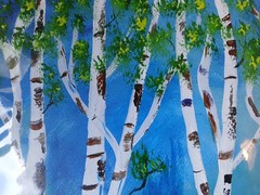 Abstract/Impressionism 11×14 Colorful Birch Trees Blue Background Art Painting