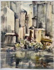 Mid Century 60s Adele Hepbron AWS Signed Modernist Cityscape Watercolor Painting