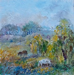 Painting „In the Meadow“. Oil on hardboard. 6×6 inc.Handmade. 2026. Unframed.