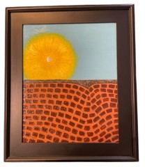 Signed J. D. Sine 1993 Oil On Canvas Outsider Art Of A Sun 26” X 22” X 1 1/2”