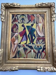 MID CENTURY PAINTING PEOPLE HORSE CUBIST CUBISM MODERNISM ANTIQUE 1940’S OIL