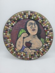 Original Mosaic/Oil Painting On 12″ Round Wooden Plate ,Signed By Artist