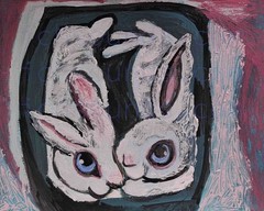 Original 9″x12″ rabbit acrylic painting on paper, signed on the back