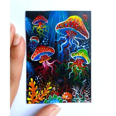 ACEO Original Jellyfish Sea Nature Acrylic Hand Painting Pop Art Card NEW OOAK