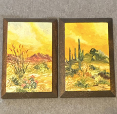 Framed Set of 2 Desert Landscape Paintings Cactus Mountains Impressionism