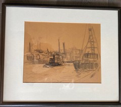 Richard Hayley Lever (Attrib) Graphite on Paper. Classic NY harbor