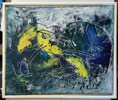 Cat with mouse 50×60 acrylic picture blue yellow mixed media drawing orig sign ZM