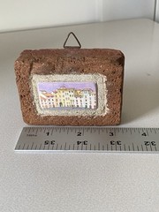 Vintage Miniature Painting on Brick Stone Spanish European Landscape Cityscape