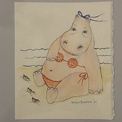 Vintage NOS Original BIKINI HIPPO Winnie Anderson Watercolor Art 1987 New Sealed