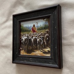 Jesus the Good Shepherd Original Oil Painting in Vintage Solid Wood Frame, Small