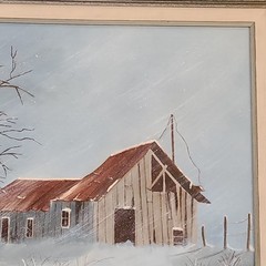 Winter Scene Country Barn Tree Snow Framed Painting 25×21 in Signed Jenny May