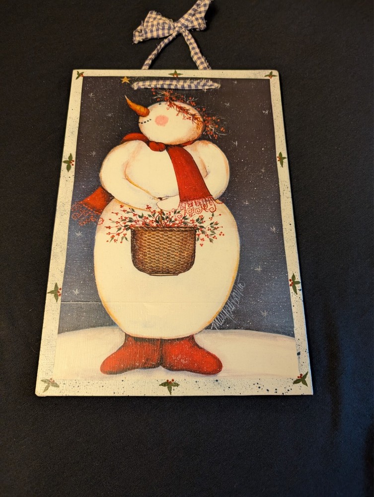 Mary Beth Baxter American Folk Art snowman festive crown vintage signed painting