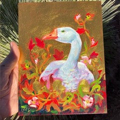 Original Golden Goose Painting Art Floral Surrealism Nature Artettina Nouveau US