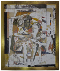 SHEFRIN 1960 SIGNED MID-20TH C CUBIST FIGURATIVE INCISED O/B BLACK MOTHER W/KIDS