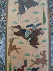 3 Vintage Persian Miniature Painting Khatam Marquetry Frame Hunting Chovgan Art