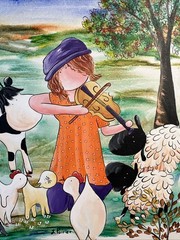 Original Lise Poirier „Yellow Violin“ Oil On Canvas Artwork Farm Animals Vtg