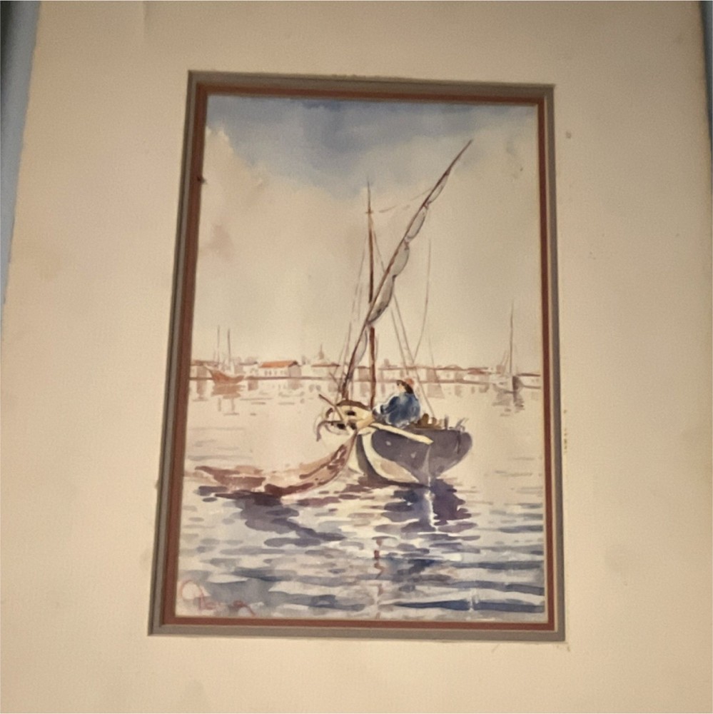 Original Watercolor Boat Harbor Painting Signed Matted Nautical Art