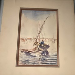 Original Watercolor Boat Harbor Painting Signed Matted Nautical Art