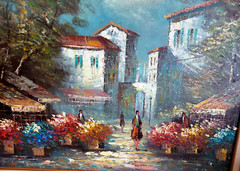 VINTAGE OIL PAINTING „FRENCH MARKET“ SIGNED FRAMED WOOD CARVED FRAME