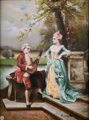 Vintage Romanticism Oil on Panel „The Serenade“ After Cesare Auguste Detti