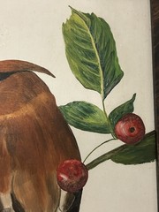 Original Oil Painting Cedar Waxwing with Cherry Bird Art D. McKinley 1930s