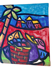 Juan Ramon Serrano Original Oil Painting 17.5″ X 12″ Stylized Tree Hills Houses